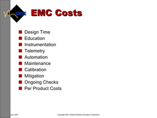 EMC Costs Design Time Education Instrumentation Telemetry Automation Maintenance Calibration Mitigation Ongoing Checks Per Product Costs 