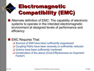 Electromagnetic Compatibility (EMC) Alternate definition of EMC: The capability of electronic systems to operate in the intended electromagnetic environment at designed levels of performance and efficiency EMC Requires That: Sources of EMI have been sufficiently suppressed Coupling Paths have been severely or sufficiently  reduced Victims have been sufficiently hardened Combination of the above (Cost Effectiveness an Important  Factor!) 