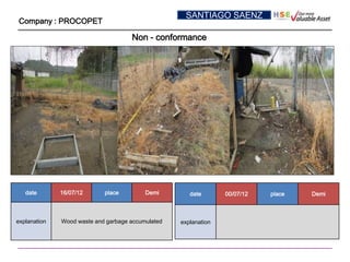 SANTIAGO SAENZ
Company : PROCOPET

                                     Non - conformance




   date       16/07/12      place         Demi        date       00/07/12   place   Demi



explanation   Wood waste and garbage accumulated   explanation
 