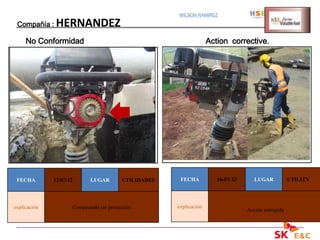 WILSON RAMIREZ

 Compañía :    HERNANDEZ
     No Conformidad                                                  Action corrective.




 FECHA        12/07/12      LUGAR         UTILIDADES    FECHA           16-07-12      LUGAR           UTILITY




explicación          Compactado sin protección         explicación
                                                                                   Acción corregida
 