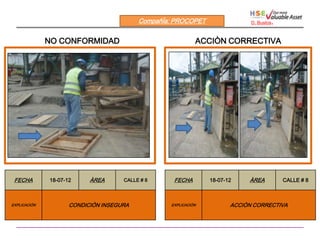 CompañÍa: PROCOPET                 D. Bustos   .

              NO CONFORMIDAD                                ACCIÒN CORRECTIVA




 FECHA        18-07-12     ÀREA      CALLE # 8     FECHA        18-07-12    ÀREA             CALLE # 8



EXPLICACIÒN          CONDICIÓN INSEGURA           EXPLICACIÒN          ACCIÒN CORRECTIVA
 