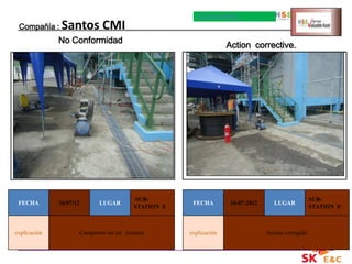 WILSON RAMIREZ

 Compañía :    Santos CMI
              No Conformidad
                                                                    Action corrective.




                                          SUB-                                                       SUB-
 FECHA        16/07/12      LUGAR                      FECHA         16-07-2012      LUGAR
                                          STATION E                                                  STATION E



explicación          Compresor sin un extintor        explicación                 Acción corregida
 
