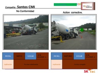 WILSON RAMIREZ

 Compañía :    Santos CMI
              No Conformidad
                                                                      Action corrective.




                                            SUB-                                                       SUB-
 FECHA        16/07/12        LUGAR                      FECHA         16-07-2012      LUGAR
                                            STATION A                                                  STATION A



explicación              No tiene señalización          explicación                 Acción corregida
 