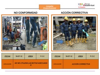 Compañìa:
                                           Ecuaperforaciones
                                                                                   D. Bustos   .

              NO CONFORMIDAD                                      ACCIÒN CORRECTIVA




 FECHA        16-07-12     ÀREA         F.C.C             FECHA       16-07-12    ÀREA             F.C.C



              NO SE UTILIZAN LAS BOTAS ADECUADA
EXPLICACIÒN                                             EXPLICACIÒN          ACCIÒN CORRECTIVA
                               S.
 