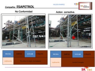 WILSON RAMIREZ

Compañía :     llSAPETROL
              No Conformidad                              Action corrective.




 FECHA        13/07/12       LUGAR         UTILITY    FECHA        13/07/12      LUGAR           UTILITY



explicación        No coloca la tarjeta de Andamio
                                                     explicación              Acción Corregida
 