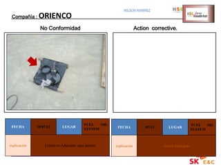 WILSON RAMIREZ

 Compañía :    ORIENCO
               No Conformidad                                        Action corrective.




                                          FUEL   OIL                                                 FUEL   OIL
 FECHA        10/07/12      LUGAR                       FECHA            /07/12      LUGAR
                                          SYSTEM                                                     SYSTEM



explicación       Cubeto no Adecuado para pintura      explicación                Acción Corregida
 