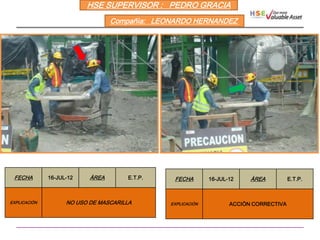 HSE SUPERVISOR : PEDRO GRACIA
                                  Compañìa: LEONARDO HERNANDEZ




 FECHA        16-JUL-12    ÀREA        E.T.P.    FECHA        16-JUL-12    ÀREA          E.T.P.



EXPLICACIÒN         NO USO DE MASCARILLA        EXPLICACIÒN          ACCIÒN CORRECTIVA
 