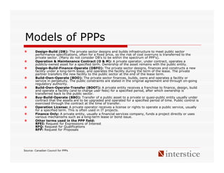Models of PPPs
        Design-Build (DB): The private sector designs and builds infrastructure to meet public sector
        performance specifications, often for a fixed price, so the risk of cost overruns is transferred to the
        private sector. (Many do not consider DB's to be within the spectrum of PPP's).
        Operation & Maintenance Contract (O & M): A private operator, under contract, operates a
        publicly-owned asset for a specified term. Ownership of the asset remains with the public entity.
        Design-Build-Finance-Operate (DBFO): The private sector designs, finances and constructs a new
        facility under a long-term lease, and operates the facility during the term of the lease. The private
        partner transfers the new facility to the public sector at the end of the lease term.
        Build-Own-Operate (BOO): The private sector finances, builds, owns and operates a facility or
        service in perpetuity. The public constraints are stated in the original agreement and through on-going
        regulatory authority.
        Build-Own-Operate-Transfer (BOOT): A private entity receives a franchise to finance, design, build
        and operate a facility (and to charge user fees) for a specified period, after which ownership is
        transferred back to the public sector.
        Buy-Build-Operate (BBO): Transfer of a public asset to a private or quasi-public entity usually under
        contract that the assets are to be upgraded and operated for a specified period of time. Public control is
        exercised through the contract at the time of transfer.
        Operation License: A private operator receives a license or rights to operate a public service, usually
        for a specified term. This is often used in IT projects.
        Finance Only: A private entity, usually a financial services company, funds a project directly or uses
        various mechanisms such as a long-term lease or bond issue.
        Other terms used in the PPP field:
        RFEI: Request for Expressions of Interest
        RFQ: Request for Qualifications
        RFP: Request for Proposals




Source: Canadian Council for PPPs
 