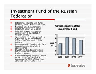 Investment Fund of the Russian
Federation
 Established in 2006 with funds
 primarily from Stabilization Fund
 Managed Vnesheconombank                 Annual capacity of the
 US$14.25 billion up to 2009               Investment Fund
 Potential private investment
 mobilization 2-8x (US$28.5 -
 US$114 billion)                          5
 Applications for funding must be
 supported by an investment               4
 advisor, and involve a private
 investor
                                      US$ 3
 Has approved 12 projects to date
 (approximately 1 out of 10           bn 2
 applications)
 Investment Fund endorsement              1
 plays critical role, especially in
 transport sector
 May invest equity of up to 75% of        0
 project’s cost, or provide a                 2006   2007   2008   2009
 guarantee for 60% of financing
 obtained from private sector
 