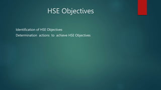 HSE Objectives
Identification of HSE Objectives
Determination actions to achieve HSE Objectives
 