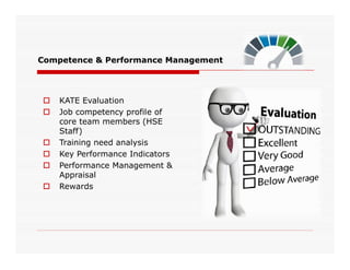 Competence & Performance Management
 KATE Evaluation
 Job competency profile of
core team members (HSE
Staff)Staff)
 Training need analysis
 Key Performance Indicators
 Performance Management &
Appraisal
 Rewards
 