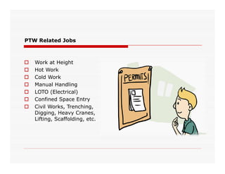 PTW Related Jobs
 Work at Height
 Hot Work
 Cold Work
 Manual Handling Manual Handling
 LOTO (Electrical)
 Confined Space Entry
 Civil Works, Trenching,
Digging, Heavy Cranes,
Lifting, Scaffolding, etc.
 