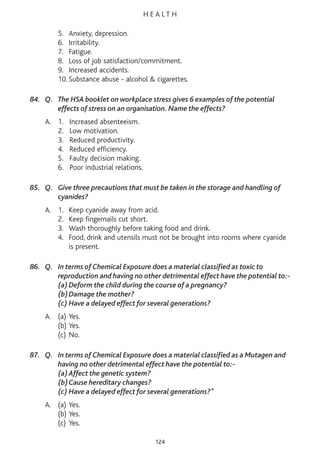 H E A L T H
5. Anxiety, depression.
6. Irritability.
7. Fatigue.
8. Loss of job satisfaction/commitment.
9. Increased accidents.
10. Substance abuse - alcohol & cigarettes.
84. Q. The HSA booklet on workplace stress gives 6 examples of the potential
effects of stress on an organisation. Name the effects?
A. 1. Increased absenteeism.
2. Low motivation.
3. Reduced productivity.
4. Reduced efficiency.
5. Faulty decision making.
6. Poor industrial relations.
85. Q. Give three precautions that must be taken in the storage and handling of
cyanides?
A. 1. Keep cyanide away from acid.
2. Keep fingernails cut short.
3. Wash thoroughly before taking food and drink.
4. Food, drink and utensils must not be brought into rooms where cyanide
is present.
86. Q. In terms of Chemical Exposure does a material classified as toxic to
reproduction and having no other detrimental effect have the potential to:-
(a)Deform the child during the course of a pregnancy?
(b)Damage the mother?
(c) Have a delayed effect for several generations?
A. (a) Yes.
(b) Yes.
(c) No.
87. Q. In terms of Chemical Exposure does a material classified as a Mutagen and
having no other detrimental effect have the potential to:-
(a)Affect the genetic system?
(b)Cause hereditary changes?
(c) Have a delayed effect for several generations?"
A. (a) Yes.
(b) Yes.
(c) Yes.
124
 