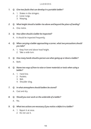 L A D D E R S
1. Q. Give two faults that can develop in a portable ladder?
A. 1. Shakes in the stringers.
2. Loose rungs.
3. Warping.
2. Q. What height should a ladder rise above and beyond the place of landing?
A. One metre.
3. Q. How often should a ladder be inspected?
A. It should be inspected frequently.
4. Q. When carrying a ladder approaching a corner, what two precautions should
you take?
A. 1. Keep front end above head height.
2. Take a wide turn.
5. Q. How many hands should a person use when going up or down a ladder?
A. Both.
6. Q. Name two ways of how to raise or lower materials or tools when using a
ladder?
A. 1. Hand line.
2. Pockets.
3. Belt.
4. Shoulder sling.
7. Q. In what atmosphere should ladders be stored?
A. Cool and dry.
8. Q. Should you ever work on the underside of a ladder?
A. No.
9. Q. What two actions are necessary if you notice a defect in a ladder?
A. 1. Report it at once.
2. Do not use it.
136
 