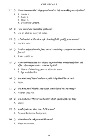 C H E M I C A L S
11. Q. Name two essential things you should do before working on a pipeline?
A. 1. Isolate it.
2. Drain it.
3. Clean it.
4. Determine Content.
12. Q. How would you neutralise spilt acid?
A. Use an alkali or plenty of water.
13. Q. Is Carbon tetrachloride a safe cleaning fluid, qualify your answer?
A. No, it is toxic.
14. Q. To what height should a fixed vessel containing a dangerous material be
fenced?
A. 3 feet or 0.92 m.
15. Q. Name two measures that should be provided to immediately limit the
effect of an exposure to corrosive liquids?
A. 1. Means of drenching persons with cold water.
2. Eye wash bottles.
16. Q. In a mixture of Petrol and water, which liquid will be on top?
A. Petrol.
17. Q. In a mixture of Alcohol and water, which liquid will be on top?
A. Neither, they Mix.
18. Q. In a mixture of Mercury and water, which liquid will be on top?
A. Water.
19. Q. In safety circles what does P.P.E. mean?
A. Personal Protective Equipment.
20. Q. What does the risk phrase R45 mean?
A. May cause cancer.
14
 