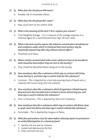C H E M I C A L S
21. Q. What does the risk phrase R40 mean?
A. Possible risk of irreversible effects.
22. Q. What does the risk phrase R61 mean?
A. May cause harm to the unborn child.
23. Q. What is the meaning of the term T.W.A. explain your answer?
A. Time Weighted Average. - It is a measure of the average exposure to a
chemical agent for a conventional 8 hour day/ 40 hour week.
24. Q. What is the term used to express the airborne concentration of substances
and conditions under which it is believed that most workers may be
repeatedly exposed day after day without adverse effect?
A. Threshold Limit Value.
25. Q. Where clothes contaminated with a toxic substance have to be laundered,
what should be done before they are sent to the laundry?
A. They should be detoxified before being set to the laundry.
26. Q. How would you describe a substance which may on contact with living
tissue destroy it, and what sign is used to indicate this substance?
A. Corrosive - This is depicted by a test tube pouring drops of liquid onto a
material with fumes rising from the material.
27. Q. How would you describe a substance which if ingested or inhaled may be
deemed more than harmful and an irritant in terms of harming you, and
what sign is used to indicate this substance?
A. Toxic or Poisonous - This is depicted by Skull and Crossbones.
28. Q. How would you describe a substance which may on contact with flame,heat,
or spark,burst into flame and what sign is used to indicate this substance?
A. Flammable - This is depicted by tongues of flame.
29. Q. What four precautions must be taken before allowing repairs to proceed on
an unidentified pipeline in a chemical plant?
A. 1. Identify the line and its contents.
2. Isolate and depressurise the line.
3. Drain and flush the line.
15
 