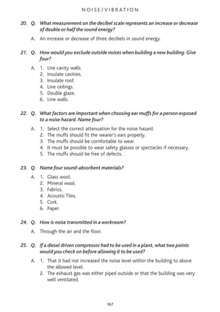 N O I S E / V I B R AT I O N
20. Q. What measurement on the decibel scale represents an increase or decrease
of double or half the sound energy?
A. An increase or decrease of three decibels in sound energy.
21. Q. How would you exclude outside noises when building a new building. Give
four?
A. 1. Use cavity walls
2. Insulate cavities.
3. Insulate roof.
4. Line ceilings.
5. Double glaze.
6. Line walls.
22. Q. What factors are important when choosing ear muffs for a person exposed
to a noise hazard. Name four?
A. 1. Select the correct attenuation for the noise hazard.
2. The muffs should fit the wearer’s ears properly.
3. The muffs should be comfortable to wear.
4. It must be possible to wear safety glasses or spectacles if necessary.
5. The muffs should be free of defects.
23. Q. Name four sound-absorbent materials?
A. 1. Glass wool.
2. Mineral wool.
3. Fabrics.
4. Acoustic Tiles.
5. Cork.
6. Paper.
24. Q. How is noise transmitted in a workroom?
A. Through the air and the floor.
25. Q. If a diesel driven compressor had to be used in a plant, what two points
would you check on before allowing it to be used?
A. 1. That it had not increased the noise level within the building to above
the allowed level.
2. The exhaust gas was either piped outside or that the building was very
well ventilated.
167
 