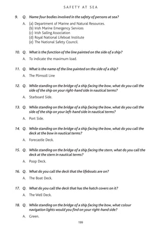 S A F E T Y AT S E A
9. Q. Name four bodies involved in the safety of persons at sea?
A. (a) Department of Marine and Natural Resources.
(b) Irish Marine Emergency Services
(c) Irish Sailing Association
(d) Royal National Lifeboat Institute
(e) The National Safety Council.
10. Q. What is the function of the line painted on the side of a ship?
A. To indicate the maximum load.
11. Q. What is the name of the line painted on the side of a ship?
A. The Plimsoll Line
12. Q. While standing on the bridge of a ship facing the bow, what do you call the
side of the ship on your right-hand side in nautical terms?
A. Starboard Side.
13. Q. While standing on the bridge of a ship facing the bow, what do you call the
side of the ship on your left-hand side in nautical terms?
A. Port Side.
14. Q. While standing on the bridge of a ship facing the bow, what do you call the
deck at the bow in nautical terms?
A. Forecastle Deck.
15. Q. While standing on the bridge of a ship facing the stern, what do you call the
deck at the stern in nautical terms?
A. Poop Deck.
16. Q. What do you call the deck that the lifeboats are on?
A. The Boat Deck.
17. Q. What do you call the deck that has the hatch covers on it?
A. The Well Deck.
18. Q. While standing on the bridge of a ship facing the bow, what colour
navigation lights would you find on your right-hand side?
A. Green.
199
 