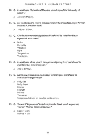 E R G O N O M I C S & H U M A N F A C T O R S
10. Q. In relation to Motivational Theories, who designed the “Hierarchy of
Needs”?
A. Abraham Maslow.
11. Q. For standing work, what is the recommended work surface height for men
involved in precision work?
A. 109cm - 110cm.
12. Q. Give four environmental factors which should be considered in an
ergonomic assessment?
A. Noise
Humidity
Vibration
Light
Temperature
Ventilation.
13. Q. In relation toVDUs, what is the optimum lighting level that should be
maintained at the workstation?
A. 300 to 500 lux.
14. Q. Name six physical characteristics of the individual that should be
considered in ergonomics?
A. Body size
Body shape
Fitness
Strength
Posture
The senses
Stresses and strains on muscles, joints nerves.
15. Q. The word “Ergonomics” is derived from the Greek words ‘ergon’ and
‘nomos’.What do these words mean?
A. Ergon = work
Nomos = law.
63
 