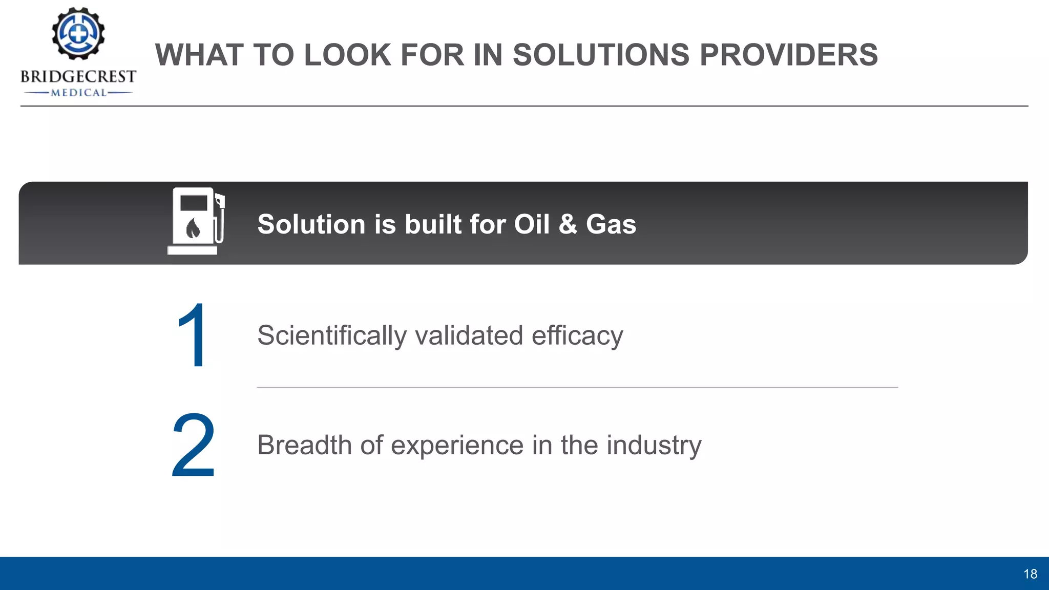 WHAT TO LOOK FOR IN SOLUTIONS PROVIDERS
18
Scientifically validated efficacy
Breadth of experience in the industry
1
2
Solution is built for Oil & Gas
 