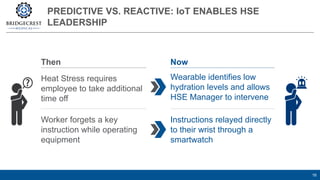 PREDICTIVE VS. REACTIVE: IoT ENABLES HSE
LEADERSHIP
16
Then Now
Heat Stress requires
employee to take additional
time off
Wearable identifies low
hydration levels and allows
HSE Manager to intervene
Worker forgets a key
instruction while operating
equipment
Instructions relayed directly
to their wrist through a
smartwatch
 