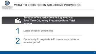 WHAT TO LOOK FOR IN SOLUTIONS PROVIDERS
17
Large effect on bottom line
Opportunity to negotiate with insurance provider at
renewal period
1
2
Solution offers reductions in key metrics:
Total Time Off, Injury Frequency Rate, Total
Injuries
 