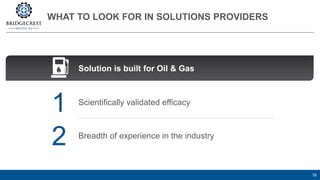 WHAT TO LOOK FOR IN SOLUTIONS PROVIDERS
18
Scientifically validated efficacy
Breadth of experience in the industry
1
2
Solution is built for Oil & Gas
 