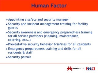Human Factor
➢Appointing a safety and security manager
➢Security and incident management training for facility
guards
➢Security awareness and emergency preparedness training
for all service providers (cleaning, maintenance,
catering, etc…)
➢Preventative security behavior briefings for all residents
➢Emergency preparedness training and drills for all
residents & staff
➢Security patrols
 