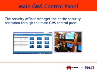 Main GMS Control Panel
The security officer manager the entire security
operation through the main GMS control panel
 
