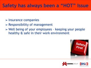 Safety has always been a “HOT” Issue
➢ Insurance companies
➢ Responsibility of management
➢ Well being of your employees – keeping your people
healthy & safe in their work environment
 
