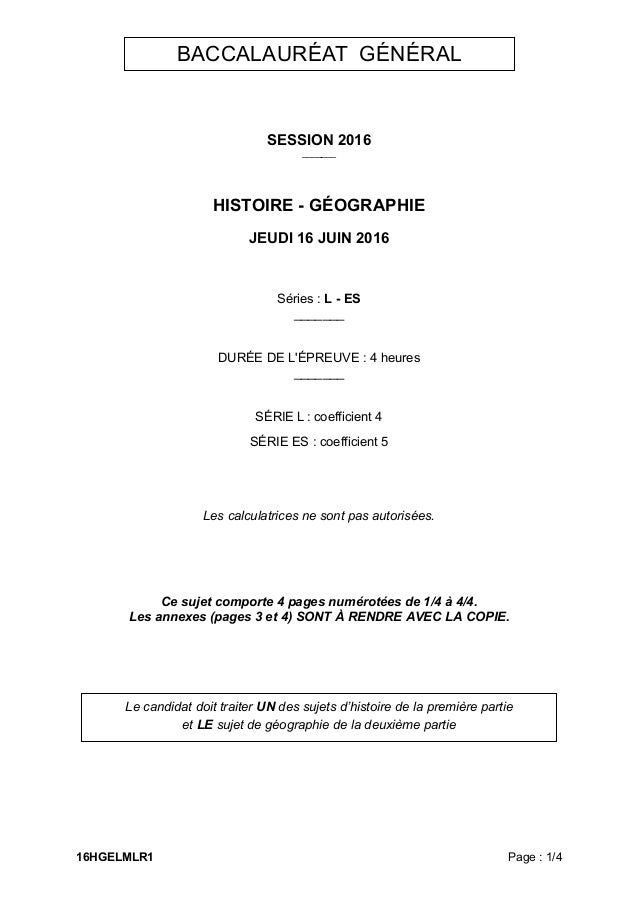 Sujet Histoire Geo Bac Series Es Et L 2016