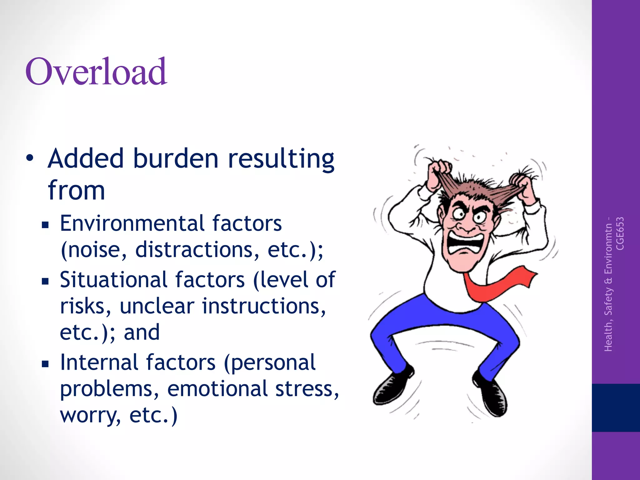 Health,Safety&Environmtn–
CGE653
Overload
• Added burden resulting
from
▪ Environmental factors
(noise, distractions, etc.);
▪ Situational factors (level of
risks, unclear instructions,
etc.); and
▪ Internal factors (personal
problems, emotional stress,
worry, etc.)
 