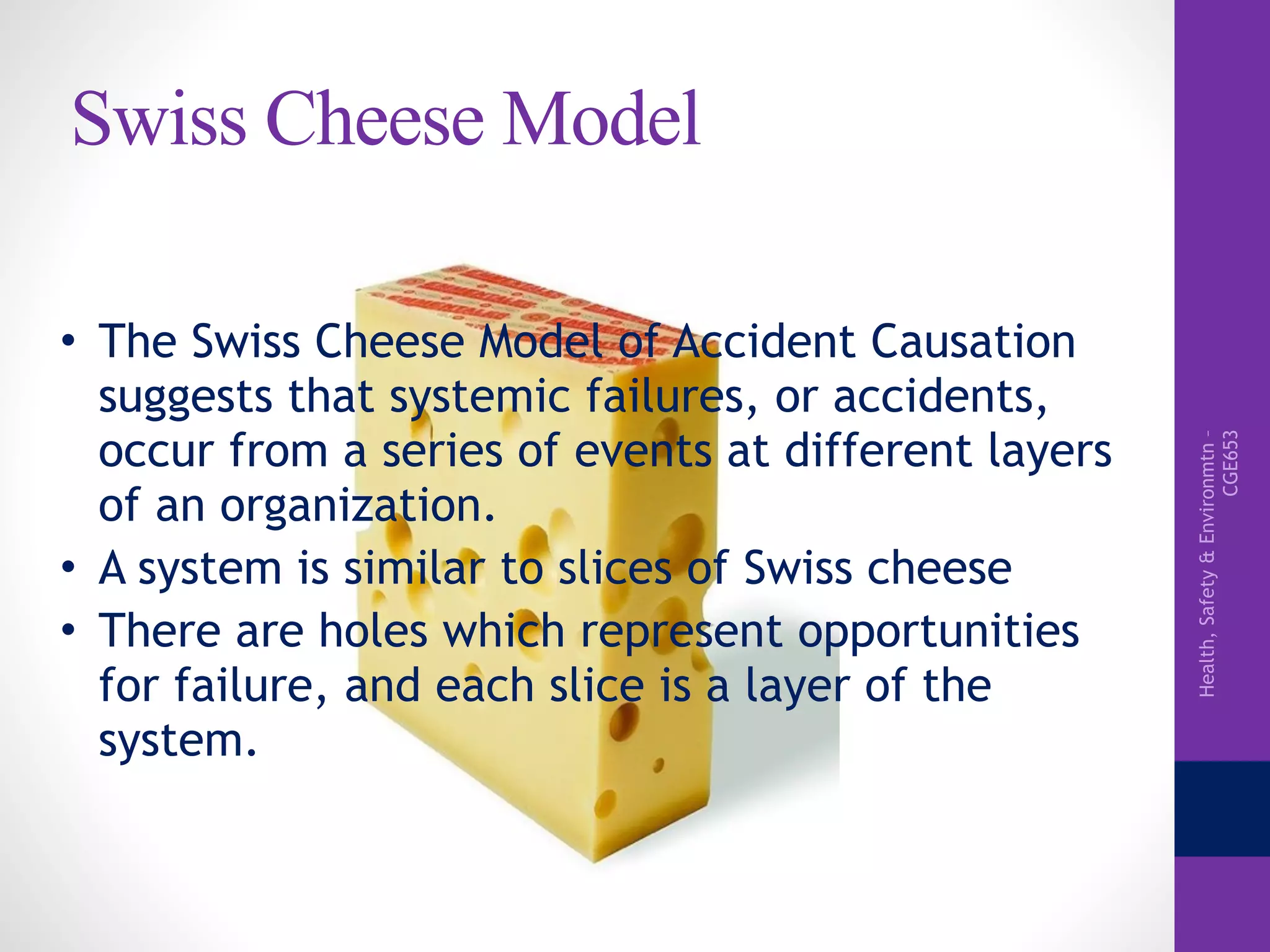 Health,Safety&Environmtn–
CGE653
Swiss Cheese Model
• The Swiss Cheese Model of Accident Causation
suggests that systemic failures, or accidents,
occur from a series of events at different layers
of an organization.
• A system is similar to slices of Swiss cheese
• There are holes which represent opportunities
for failure, and each slice is a layer of the
system.
 