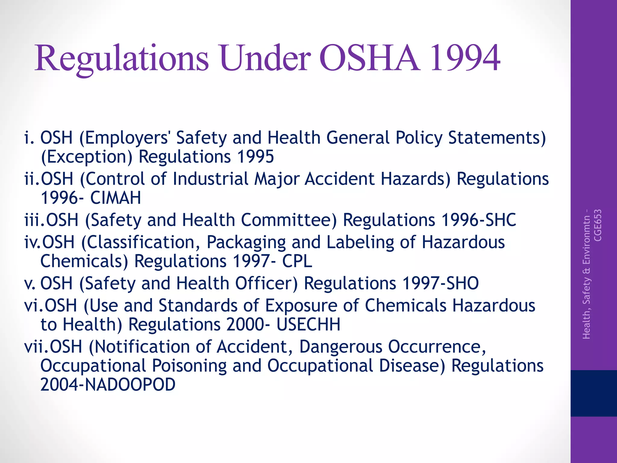 Health,Safety&Environmtn–
CGE653
Regulations Under OSHA 1994
i. OSH (Employers' Safety and Health General Policy Statements)
(Exception) Regulations 1995
ii.OSH (Control of Industrial Major Accident Hazards) Regulations
1996- CIMAH
iii.OSH (Safety and Health Committee) Regulations 1996-SHC
iv.OSH (Classification, Packaging and Labeling of Hazardous
Chemicals) Regulations 1997- CPL
v. OSH (Safety and Health Officer) Regulations 1997-SHO
vi.OSH (Use and Standards of Exposure of Chemicals Hazardous
to Health) Regulations 2000- USECHH
vii.OSH (Notification of Accident, Dangerous Occurrence,
Occupational Poisoning and Occupational Disease) Regulations
2004-NADOOPOD
 