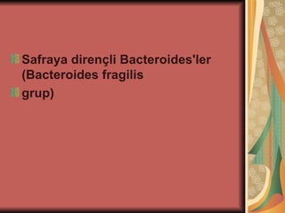 Safraya dirençli Bacteroides'ler
(Bacteroides fragilis
grup)
 