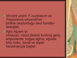 Vincent anjini: F.nucleatum ve
Treponema vincentii'nin
birlikte oluşturduğu akut tonsillo-
farenjittir.
Ağız hijyeni iyi
olmayan, vücut direnci kırılmış genç
erişkinlerde, boğaz ağrısı, ağızda
kötü koku, tonsil ve dişeti
kanamasıyla başlar.
 
