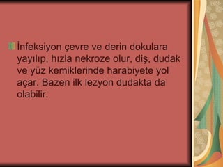 İnfeksiyon çevre ve derin dokulara
yayılıp, hızla nekroze olur, diş, dudak
ve yüz kemiklerinde harabiyete yol
açar. Bazen ilk lezyon dudakta da
olabilir.
 