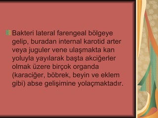 Bakteri lateral farengeal bölgeye
gelip, buradan internal karotid arter
veya juguler vene ulaşmakta kan
yoluyla yayılarak başta akciğerler
olmak üzere birçok organda
(karaciğer, böbrek, beyin ve eklem
gibi) abse gelişimine yolaçmaktadır.
 