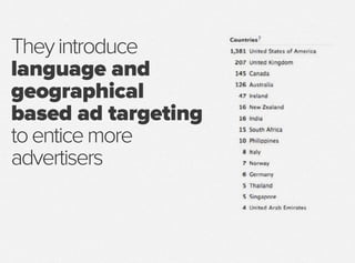 Theyintroduce
language and
geographical
based ad targeting
toenticemore
advertisers
 
