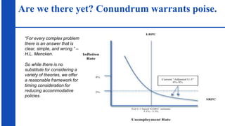 Are we there yet? Conundrum warrants poise.
1
“For every complex problem
there is an answer that is
clear, simple, and wrong.” –
H.L. Mencken.
So while there is no
substitute for considering a
variety of theories, we offer
a reasonable framework for
timing consideration for
reducing accommodative
policies.
 