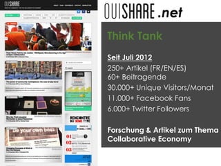Think Tank
Seit Juli 2012
250+ Artikel (FR/EN/ES)
60+ Beitragende
30.000+ Unique Visitors/Monat
11.000+ Facebook Fans
6.000+ Twitter Followers
Forschung & Artikel zum Thema
Collaborative Economy
.net
 