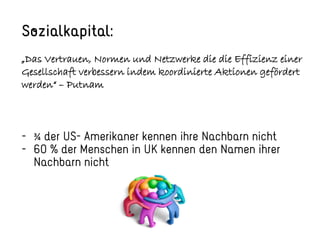 „Das Vertrauen, Normen und Netzwerke die die Effizienz einer
Gesellschaft verbessern indem koordinierte Aktionen gefördert
werden“ – Putnam
¾
 