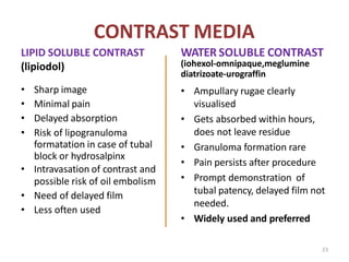 CONTRAST MEDIA
LIPID SOLUBLE CONTRAST
(lipiodol)
• Sharp image
• Minimal pain
• Delayed absorption
• Risk of lipogranuloma
formatation in case of tubal
block or hydrosalpinx
• Intravasation of contrast and
possible risk of oil embolism
• Need of delayed film
• Less often used
WATER SOLUBLE CONTRAST
(iohexol-omnipaque,meglumine
diatrizoate-urograffin
• Ampullary rugae clearly
visualised
• Gets absorbed within hours,
does not leave residue
• Granuloma formation rare
• Pain persists after procedure
• Prompt demonstration of
tubal patency, delayed film not
needed.
• Widely used and preferred
23
 