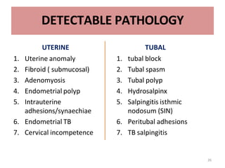 DETECTABLE PATHOLOGY
UTERINE
1. Uterine anomaly
2. Fibroid ( submucosal)
3. Adenomyosis
4. Endometrial polyp
5. Intrauterine
adhesions/synaechiae
6. Endometrial TB
7. Cervical incompetence
TUBAL
1. tubal block
2. Tubal spasm
3. Tubal polyp
4. Hydrosalpinx
5. Salpingitis isthmic
nodosum (SIN)
6. Peritubal adhesions
7. TB salpingitis
26
 