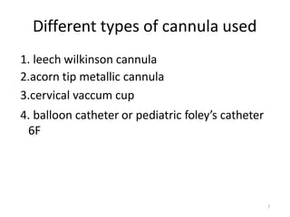 7
Different types of cannula used
1. leech wilkinson cannula
2.acorn tip metallic cannula
3.cervical vaccum cup
4. balloon catheter or pediatric foley’s catheter
6F
 