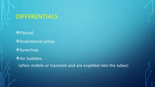 DIFFERENTIALS
Fibroid.
Endometrial polyp.
Synechiae
Air bubbles.
(often mobile or transient and are expelled into the tubes)
 