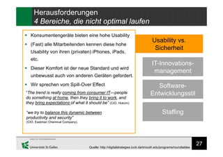 27
Herausforderungen
4 Bereiche, die nicht optimal laufen
IT-Innovations-
management
Usability vs.
Sicherheit
Software-
Entwicklungsstil
Staffing
 Konsumentengeräte bieten eine hohe Usability
 (Fast) alle Mitarbeitenden kennen diese hohe
Usability von ihren (privaten) iPhones, iPads,
etc.
 Dieser Komfort ist der neue Standard und wird
unbewusst auch von anderen Geräten gefordert.
 Wir sprechen vom Spill-Over Effect
“The trend is really coming from consumer IT—people
do something at home, then they bring it to work, and
they bring expectations of what it should be” (CIO, Holcim)
“we try to balance this dynamic between
productivity and security”
(CIO, Eastman Chemical Company).
Quelle: http://digitalstrategies.tuck.dartmouth.edu/programs/roundtables
 
