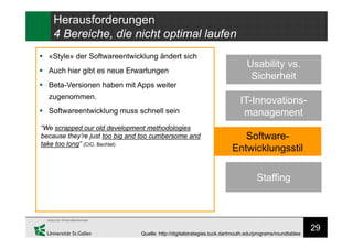 29
Herausforderungen
4 Bereiche, die nicht optimal laufen
IT-Innovations-
management
Usability vs.
Sicherheit
Software-
Entwicklungsstil
Staffing
Quelle: http://digitalstrategies.tuck.dartmouth.edu/programs/roundtables
 «Style» der Softwareentwicklung ändert sich
 Auch hier gibt es neue Erwartungen
 Beta-Versionen haben mit Apps weiter
zugenommen.
 Softwareentwicklung muss schnell sein
“We scrapped our old development methodologies
because they’re just too big and too cumbersome and
take too long” (CIO, Bechtel)
 