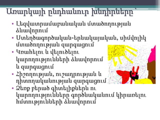 Առարկայիընդհանուրխնդիրները`Լեզվատրամաբանական մտածողության ձևավորումՍտեղծագործական-երևակայական, սիմվոլիկմտածողությանզարգացումԿռահելու և վելուծելուկարողությունների ձևավորումև զարգացումՀիշողության, ուշադրության և դիտողականության զարգացումՁեռք բերած գիտելիքներն ու կարողությունները գործնականում կիրառելու հմտությունների ձևավորում