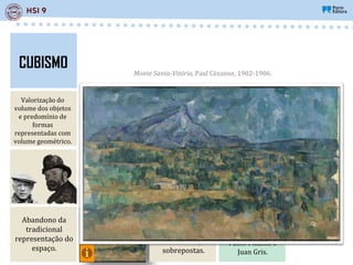 Representação de
várias perspetivas
do mesmo objeto,
sobrepostas.
Casas na colina,
Horta de Ebro,
Picasso, 1909.
CUBISMO
Artistas:
Paul Cézanne,
Georges Braque,
Pablo Picasso e
Juan Gris.
Valorização do
volume dos objetos
e predomínio de
formas
representadas com
volume geométrico.
Abandono da
tradicional
representação do
espaço.
Monte Santa-Vitória, Paul Cézanne, 1902-1906.
 